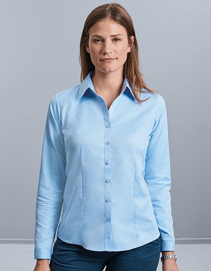 Ladies` Long Sleeve Tailored Herringbone Shirt - Business - Hemden & Blusen (Diverse) - Russell Collection Light Blue