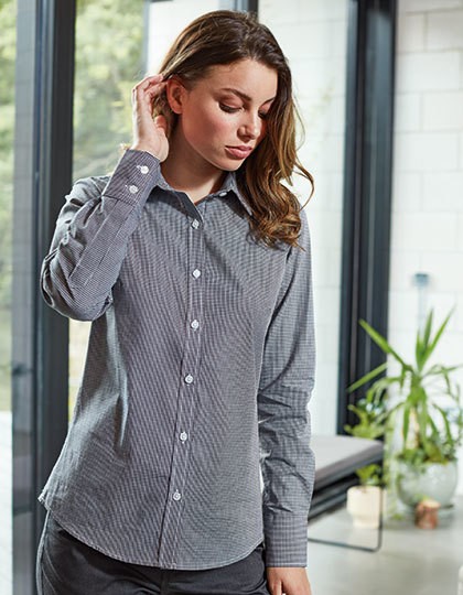 Ladies` Microcheck (Gingham) Long Sleeve Cotton Shirt - Business - Hemden & Blusen (Popeline) - Premier Workwear Black - White