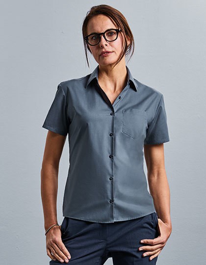 Ladies` Short Sleeve Classic Polycotton Poplin Shirt - Business - Hemden & Blusen (Popeline) - Russell Collection Black