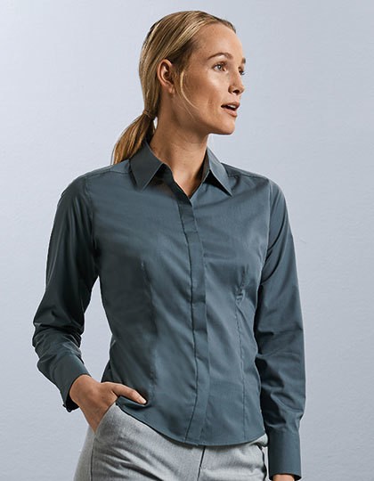 Ladies` Long Sleeve Fitted Polycotton Poplin Shirt - Business - Hemden & Blusen (Popeline) - Russell Collection Black