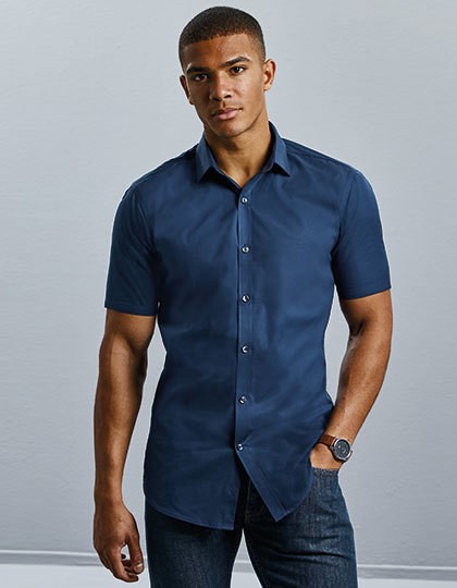 Men`s Short Sleeve Fitted Ultimate Stretch Shirt - Business - Hemden & Blusen (Stretch) - Russell Collection Black