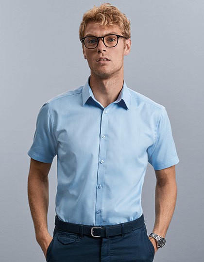 Men`s Short Sleeve Tailored Herringbone Shirt - Business - Hemden & Blusen (Diverse) - Russell Collection Light Blue